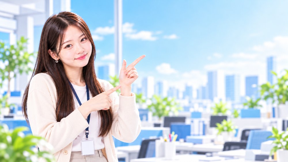案内するように指をさす女性